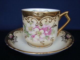 Antique Oversized Mustache Cup & Saucer Hand Painted Flowers Gold Trim Unmarked