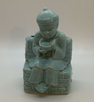 Vintage Asian Boy Planter Aqua Blue Ceramic 1940s - 1950s Oriental Man W/ Bowl 6 "