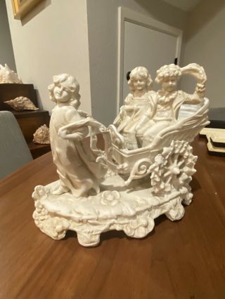 19th C German Bisque Porcelain Children In Carriage Figurine Large Antique