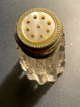 Antique Cut/pressed Glass Salt Shaker Unusual Silver & Mother Of Pearl Shell Top