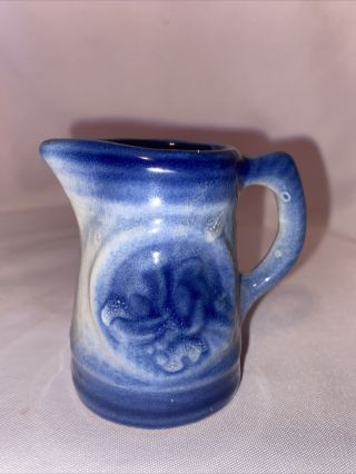 Vintage Miniature Stoneware Blue Glaze Pitcher Crock 3” Handled Circle Swirl