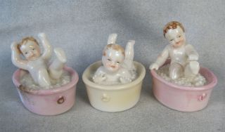 3 Vintage Bisque Porcelain Piano Baby In Bubble Bath Japan 2.  5 " Tall Japan