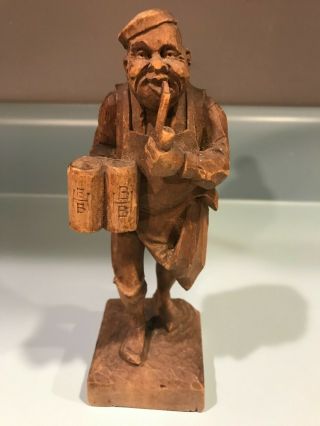 Vintage Hand Carved Wooden Figurine Old Man Carrying Mugs Smoking Pipe 7 1/4 "