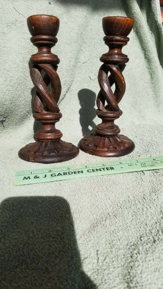 Vtg Pair Open Barley Twist Hand Carved Wood Spiral Baroque Candlestick Holders