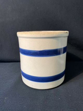 Vintage Blue White Stripped Salt Glaze Stoneware Crock 6”