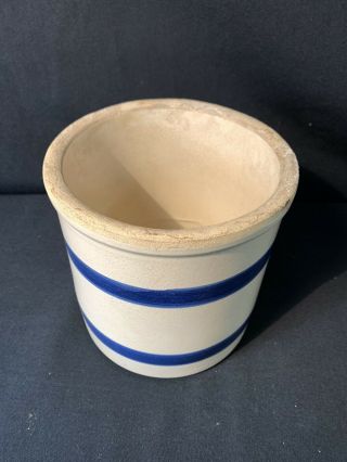 Vintage Blue White Stripped Salt Glaze Stoneware Crock 6” 2