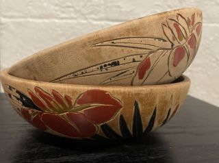 Vintage Wooden Hand Painted Bowls Made In Japan Set Of 2