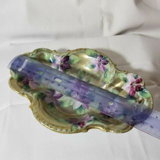Vintage Porcelain Vanity Tray Handpainted Water Violets & Gold Moriage Trim