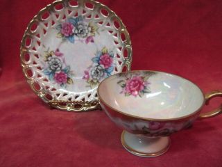 Vintage Lusterware Footed Cup & Reticulated Saucer With Roses