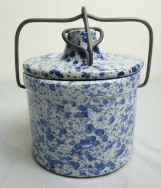 Vintage Blue And White Speckled Stoneware Butter Crock With Locking Lid