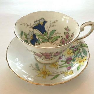 Antique Teacup And Saucer; English Bone China; Alpine Flowers;