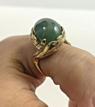 Vintage 14k Yellow Gold Diamond & Green Jadeite Jade Ring Size 7 Heavy Statement