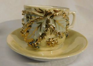 Yellow Lusterware Floral Teacup Saucer Germany 1900 