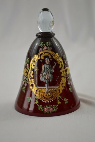 Ruby Red Glass Bell With Victorian Man And Gold & Floral Accents