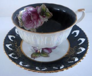 Vintage Royal Halsey L M Fine China Footed Tea Cup Saucer Black Rose Gold Trim