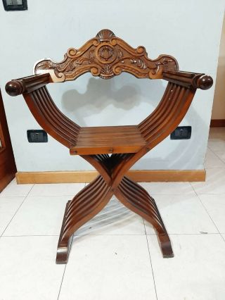 Vintage Italian Folding Wood Chair Savonarola Hand Carved Walnut Home