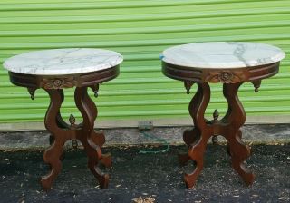 Vintage Carved Mahogany & Italian Marble Top Side Tables.  Estate Pair.