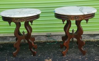 Vintage Carved Mahogany & Italian Marble Top Side Tables.  Estate Pair. 2