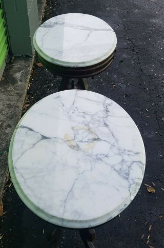 Vintage Carved Mahogany & Italian Marble Top Side Tables.  Estate Pair. 3