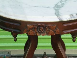 Vintage Carved Mahogany & Italian Marble Top Side Tables.  Estate Pair. 4