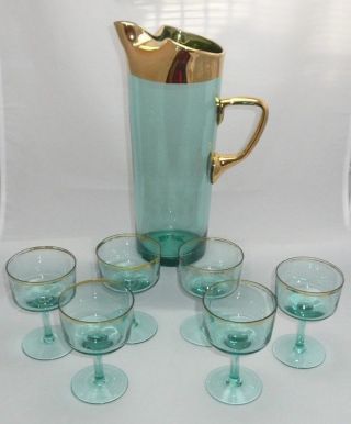 Vintage Aqua Blue Glass Martini Cocktail Pitcher Set Six Glasses 22kt Gold Trim