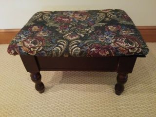 Vintage Tapestry Floral Fabric Wooden 11 " X15 " Foot Stool Hinged Lidded Storage