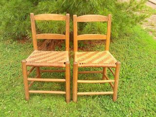 Vintage Oak Ladder Back Chairs W/ Woven Cane/reed Bottom Seat