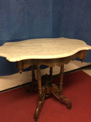 Antique Victorian Style Pedestal Walnut (?) Table With Marble Top
