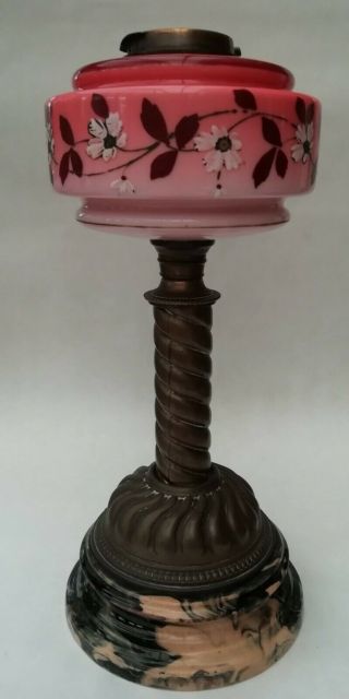 Antique Victorian Oil Lamp Hand Painted Pink Glass Font Ceramic Base