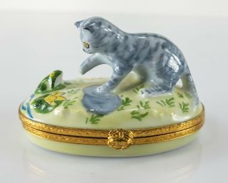 Vintage French Hand Painted Limoges Porcelain Cat Trinket Box Peint Main