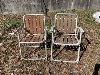 Vtg Pair Mid Century Folding Aluminum Red Wood Slat Lawn Chairs