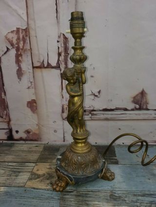 Vintage Antique Gilt Bronze French Brass Cherub Desk Side Table Lamp Marble Base