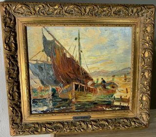 Vintage Henri Bargin Signed Oil Painting On Board Sail Boat Fisherman