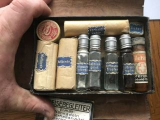 Vintage German Leather Case Travel First Aid Kit Tropfen Medical Gauze Bandage