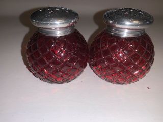 Vintage Ruby Red Glass Pair Avon Powder Shakers Salt&pepper