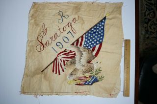Rare Antique 1907 G.  A.  R.  Saratoga Civil War Silk Work Banner W/ Eagle Us Flag