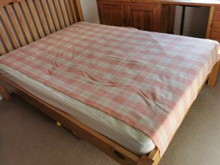 Vintage Welsh Wool Blanket / Throw - Ivory With Salmon Pink Check Weave