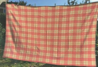 Vintage Welsh Wool Blanket / Throw - ivory with salmon pink check weave 2