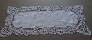 Vintage French Table Runner Hand Embroidered White Linen Lace Bobbin 42 X 17 "