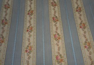 Antique French Lisere Floral Stripe Brocade Jacquard Fabric 2 Blue
