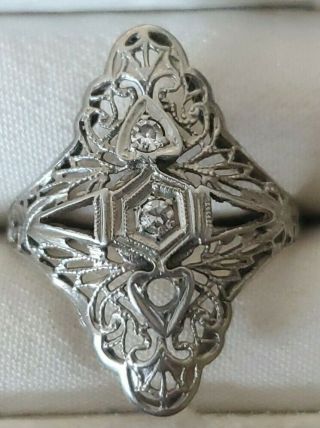 Vintage Victorian 14k White Gold Diamond Filigree Ring