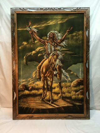 Vtg Oil Painting On Black Velvet Native American Indian Worrier On Horse 40x28