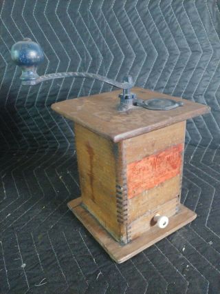 Antique Wood Cast Iron Coffee Mill Grinder Hand Crank - Waddel Wooden Ware 1080