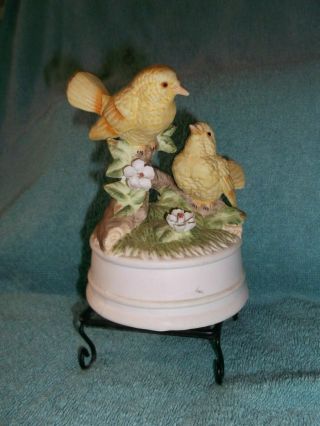 Vintage Porcelain Bisque Figural Music Box Born - Yellow Birds On A Branch