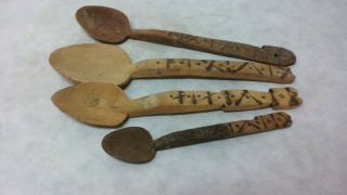 Antique Primitive Old Hand Made /carved Wooden Spoon Paddle Set Of 4