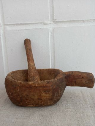 Antique Primitive Mini Wooden Mortar And Pestle With Old Patina