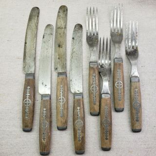 Primitive Wood Silverware With Inlay Set Of 4 Forks And 4 Knives