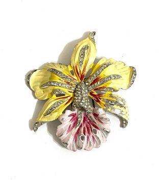 Rare Massive Vintage Gorgeous Rhinestone Enamel Coro Orchid Flower Brooch Pin