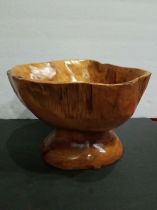 Antique Primitive Hand Carved Wood Bowl With Base One Piece Wooden