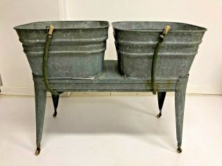 Vintage Double Basin Wash Tub Stand Metal Galvanized Rustic Planter Cooler 1950s